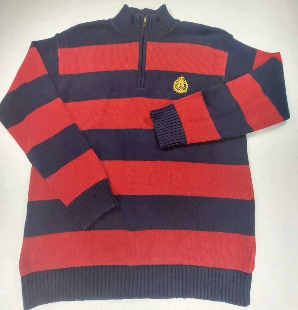 VTG 90s Lauren Ralph Lauren Striped Quarter Zip Sweater Small Navy Red Crest